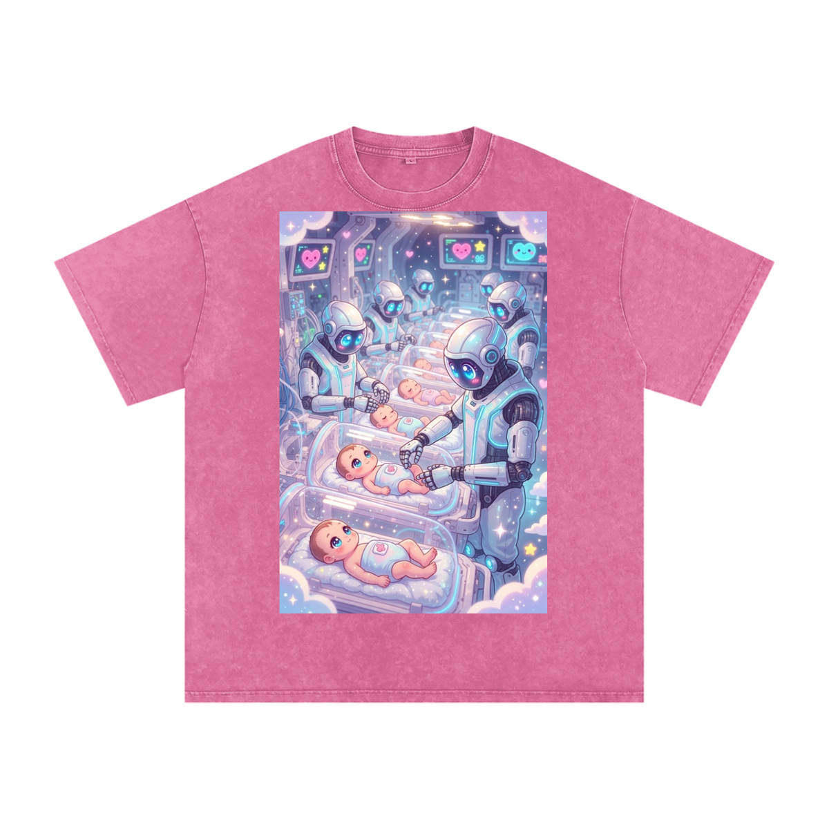 Robots and babies Snow Washed Oversized Cotton T-Shirt
