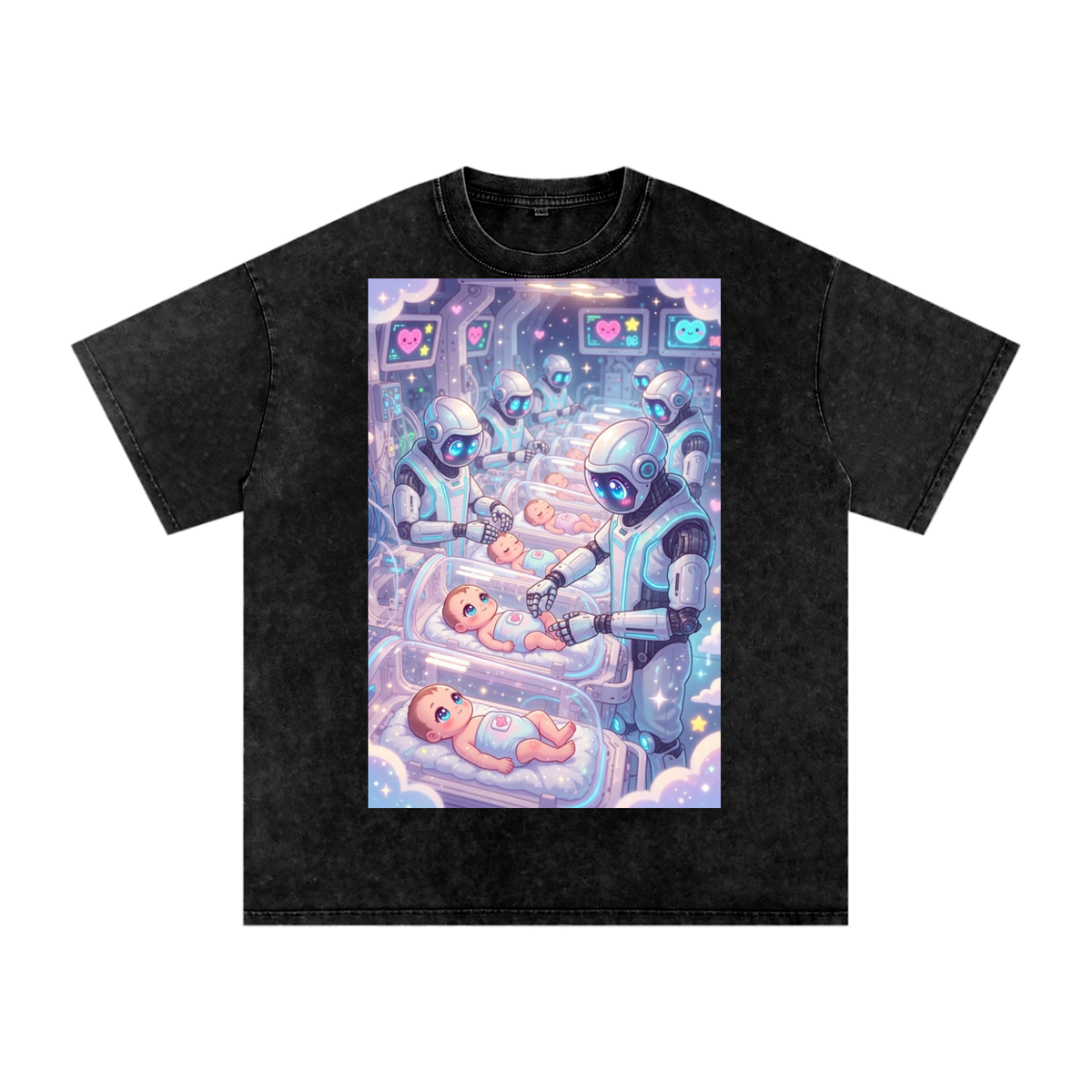 Robots and babies Snow Washed Oversized Cotton T-Shirt