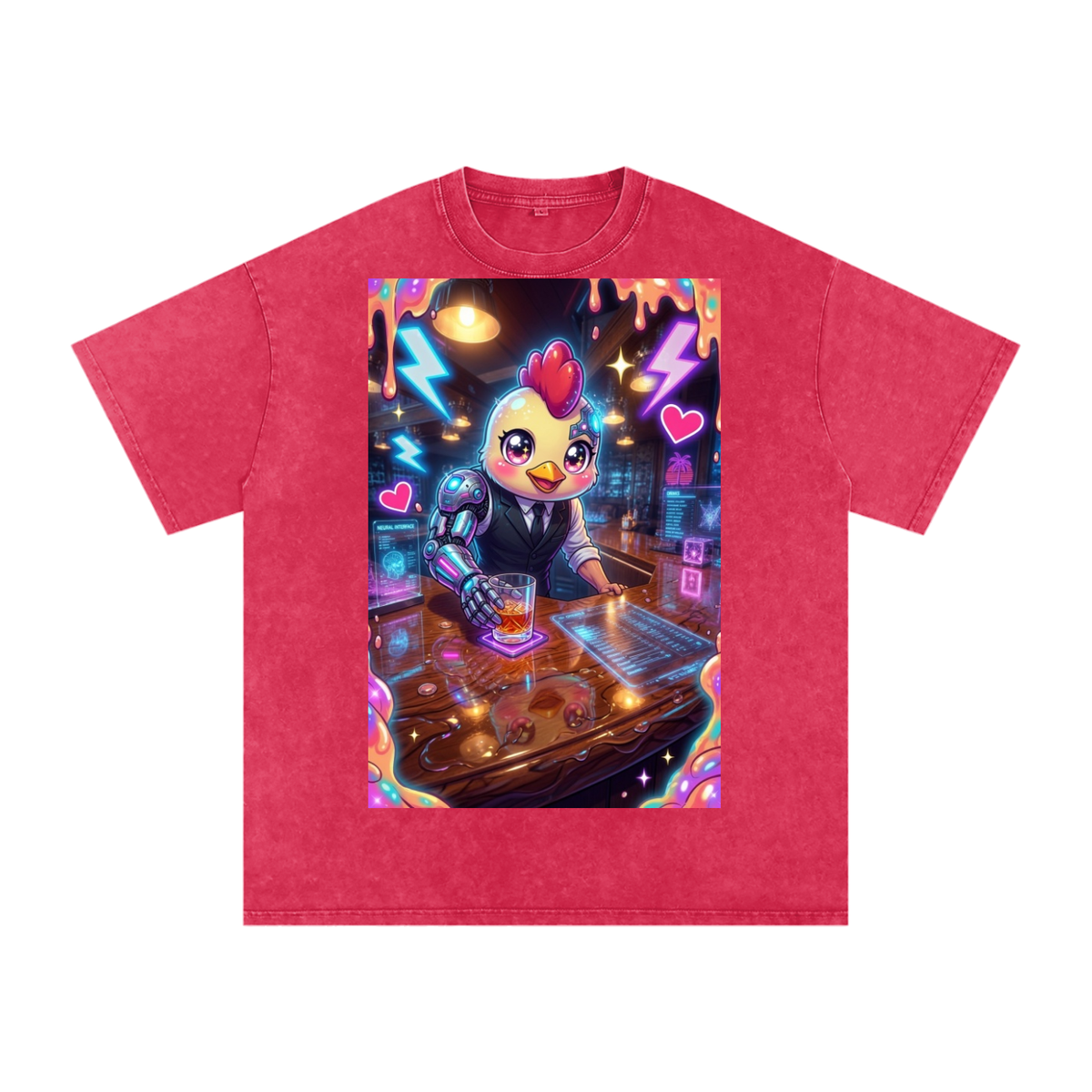 Chicken drink Snow Washed Oversized Cotton T-Shirt