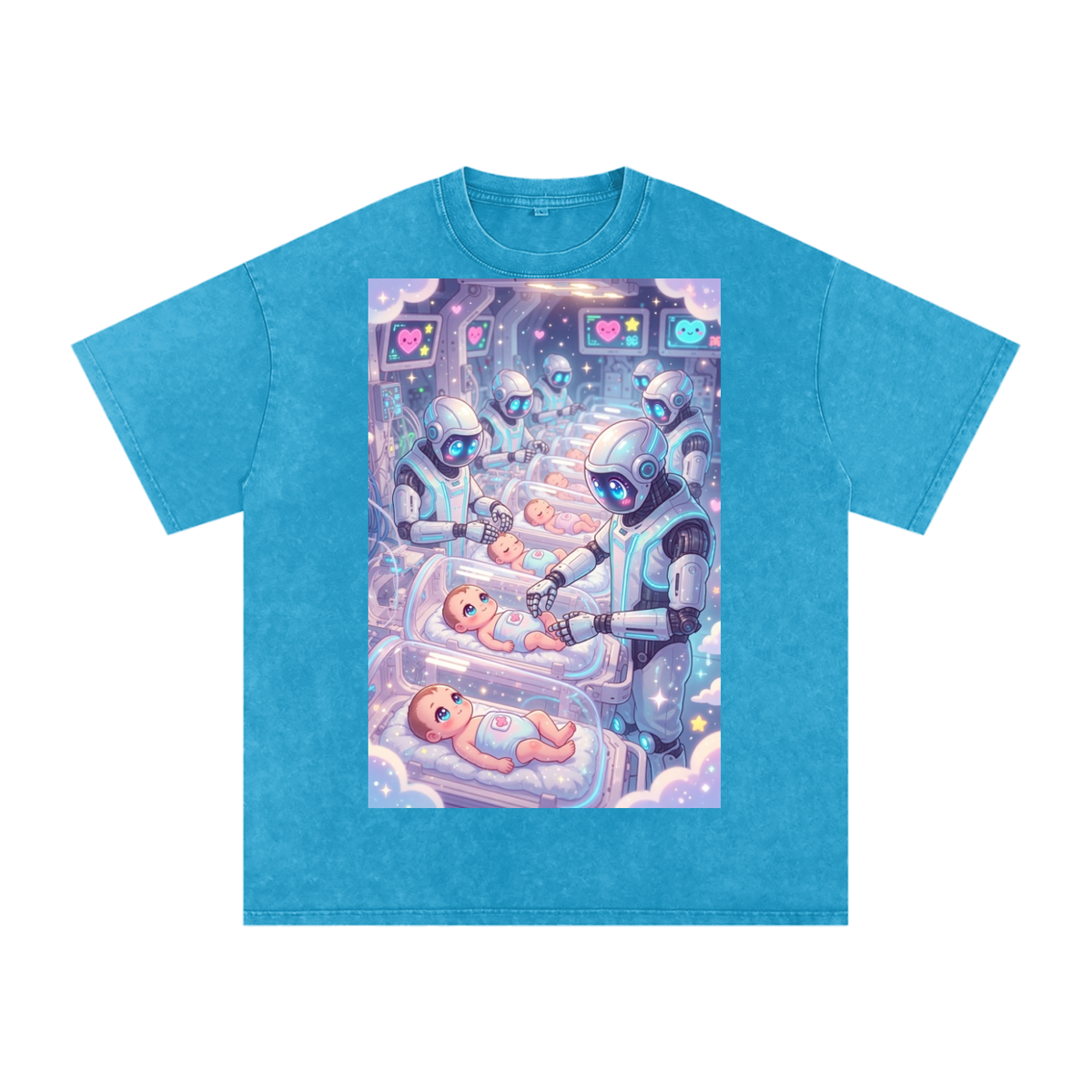 Robots and babies Snow Washed Oversized Cotton T-Shirt