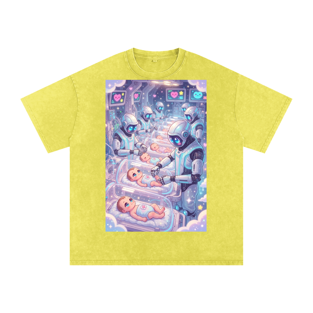 Robots and babies Snow Washed Oversized Cotton T-Shirt