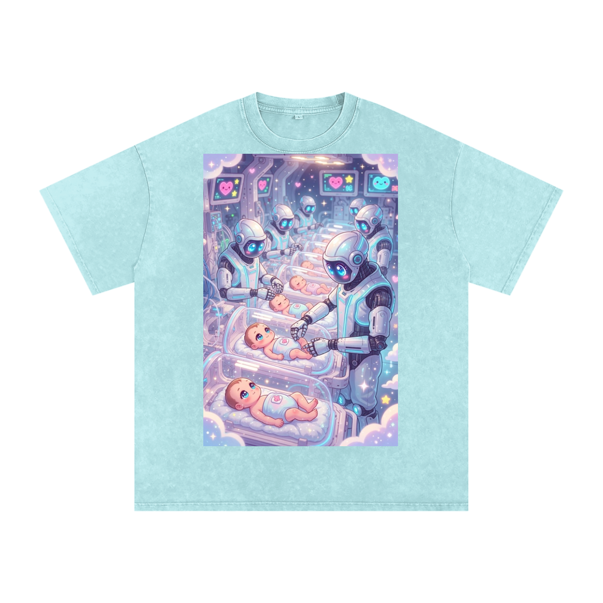 Robots and babies Snow Washed Oversized Cotton T-Shirt