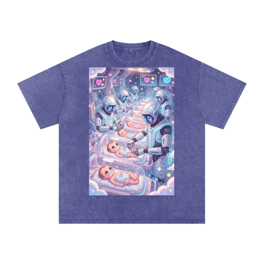 Robots and babies Snow Washed Oversized Cotton T-Shirt