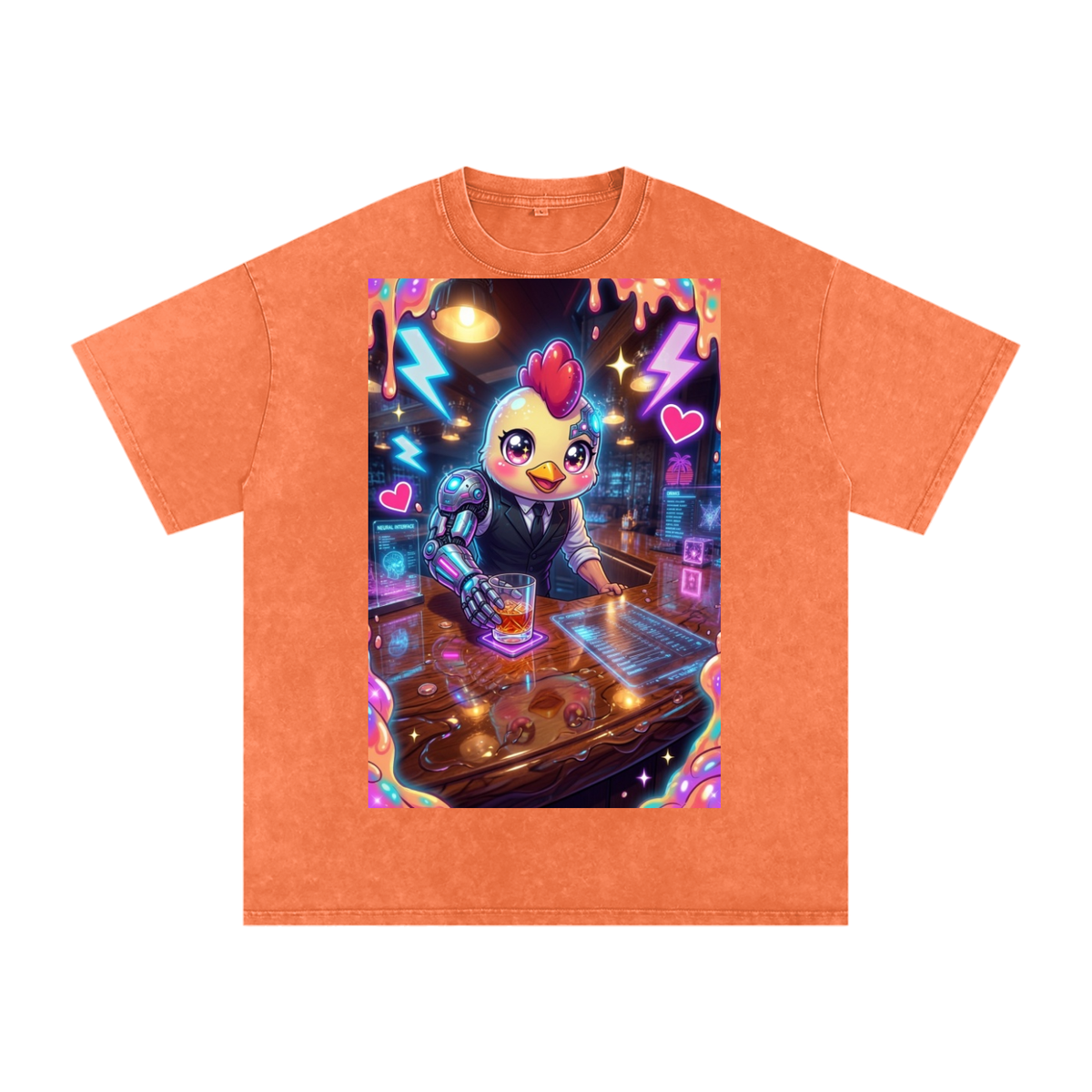 Chicken drink Snow Washed Oversized Cotton T-Shirt