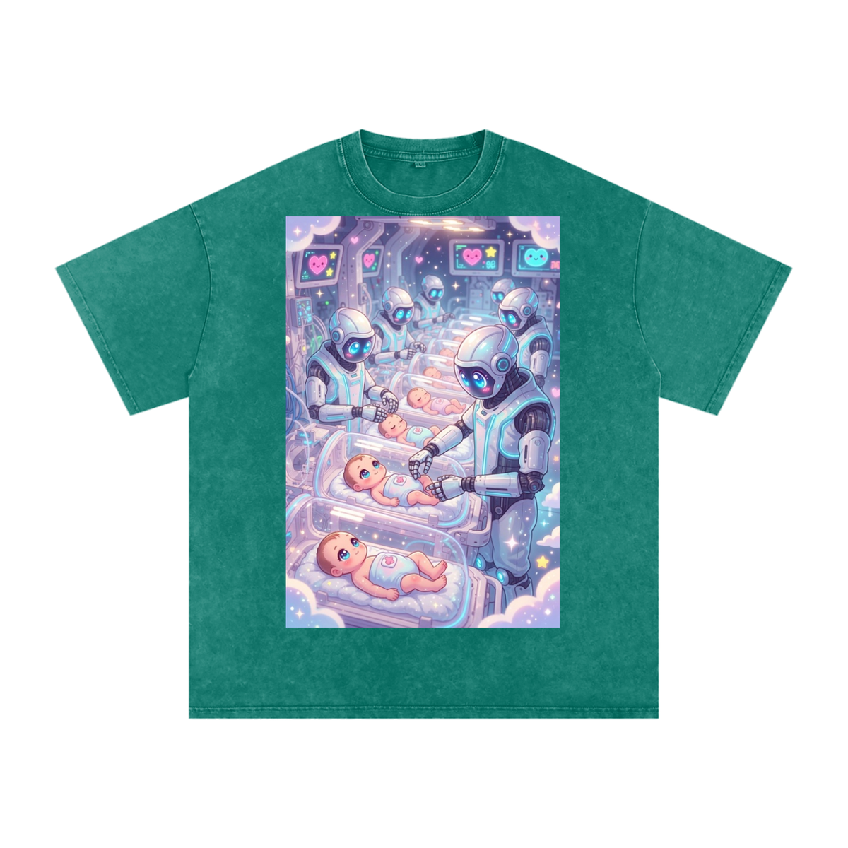 Robots and babies Snow Washed Oversized Cotton T-Shirt