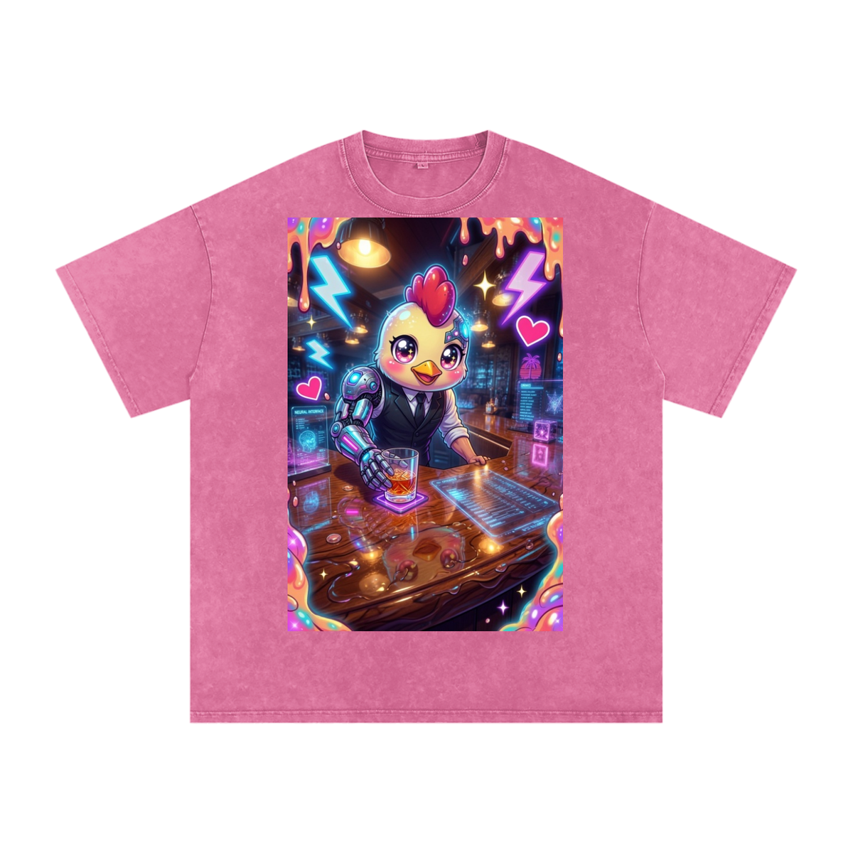 Chicken drink Snow Washed Oversized Cotton T-Shirt