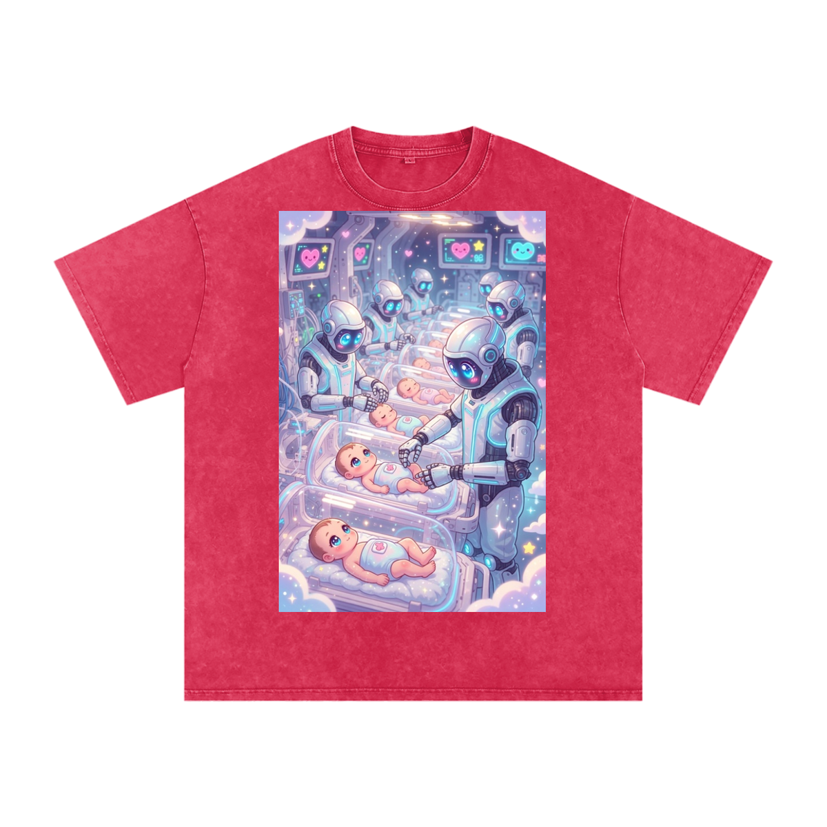 Robots and babies Snow Washed Oversized Cotton T-Shirt